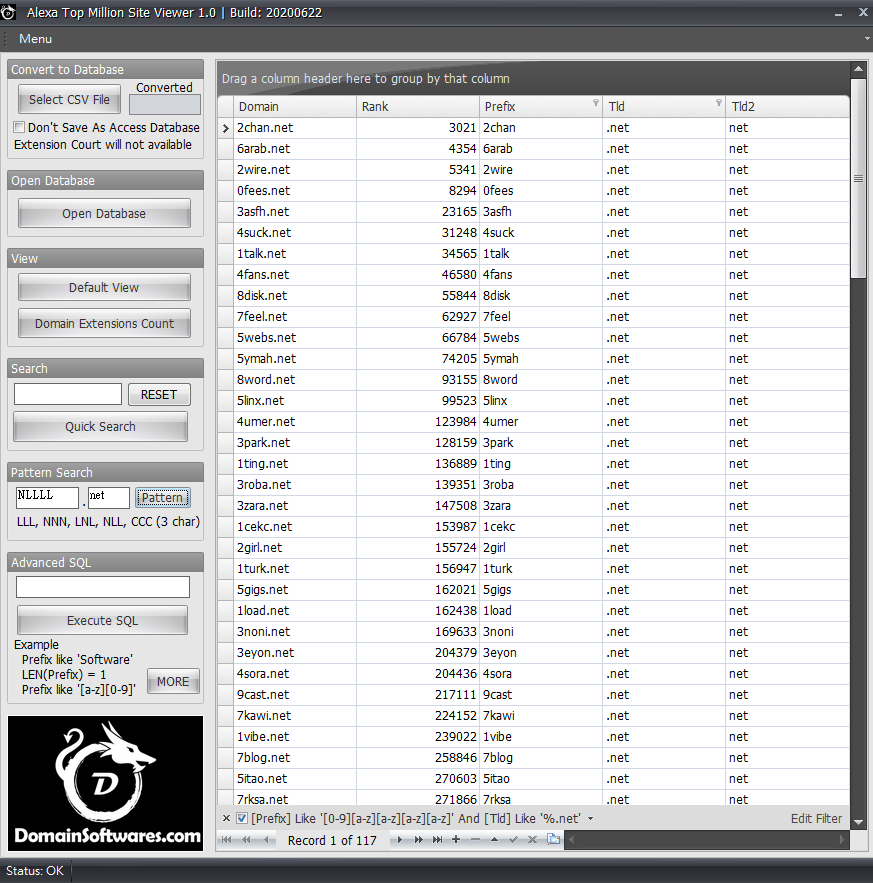 Search NLLLL pattern Domains within Alexa Top1M list