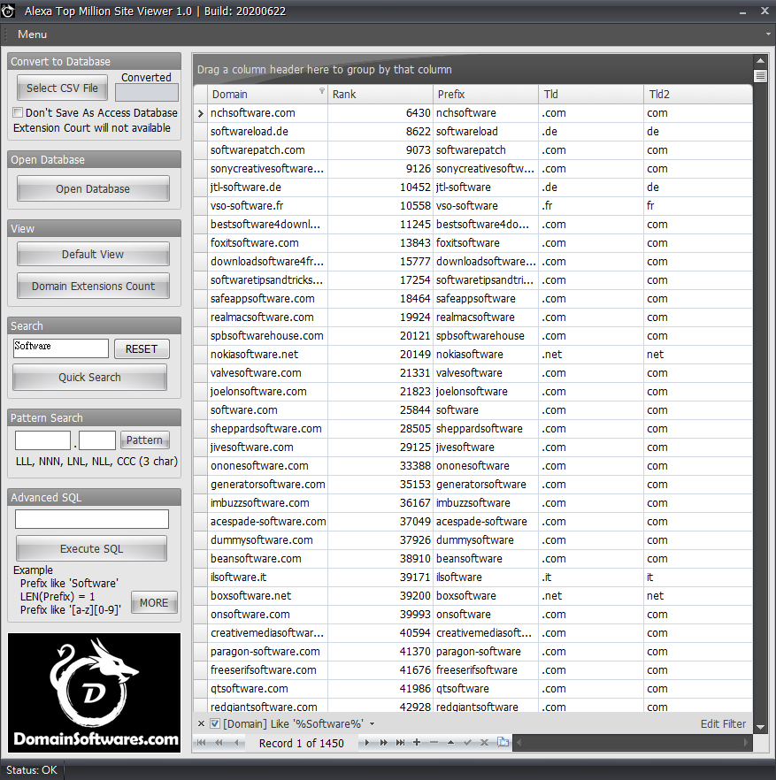 Search Domains within Alexa Top1M list that contain Software