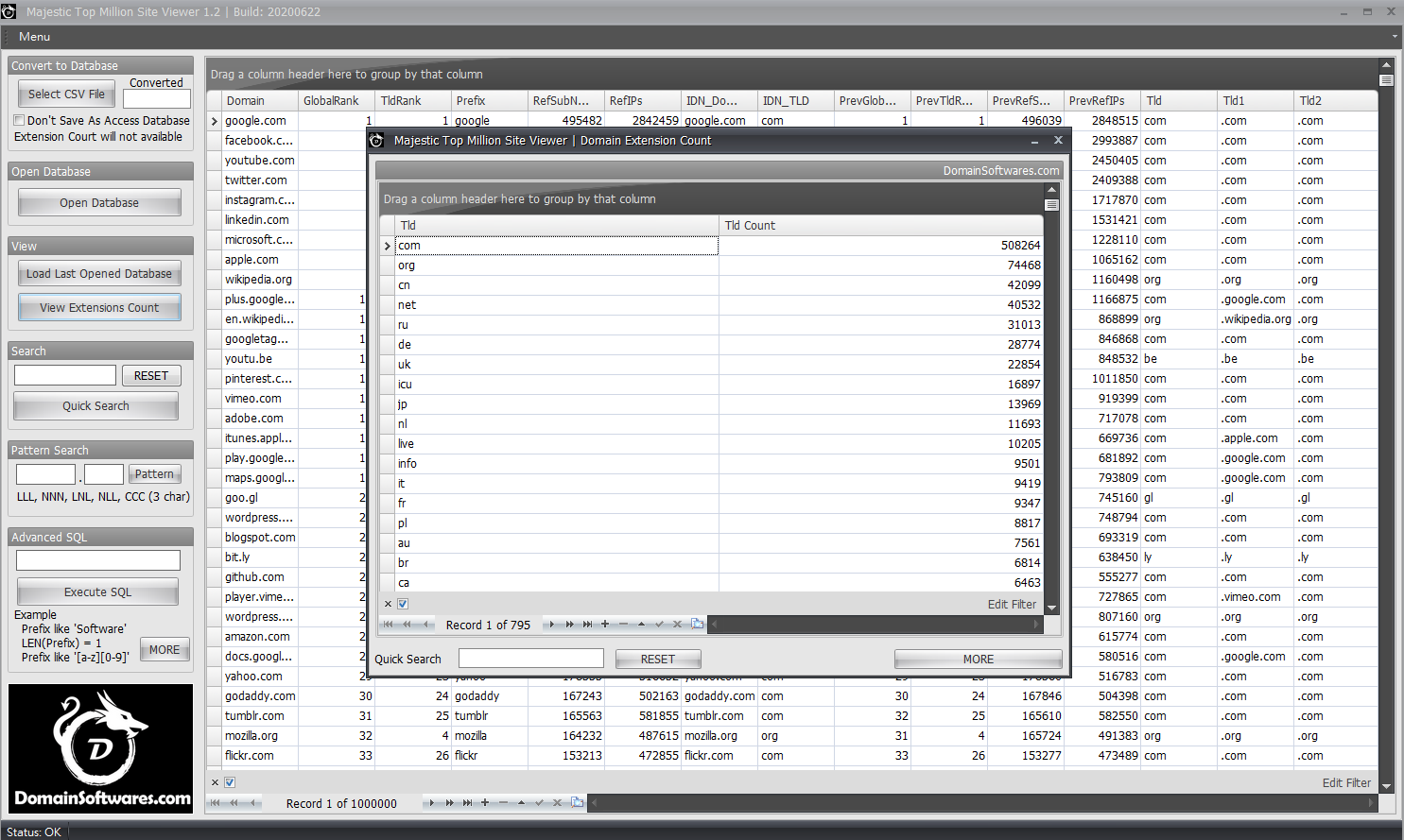 Majestic 1M TopSite List extension count