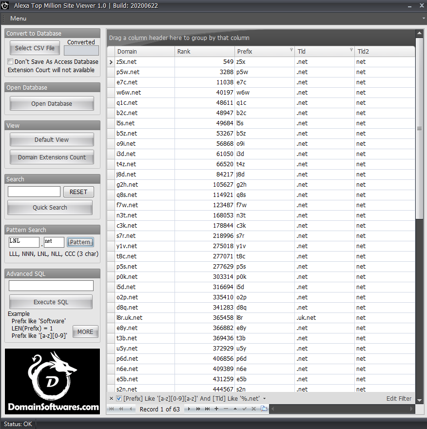 Search LNL pattern Domains within Alexa Top1M list