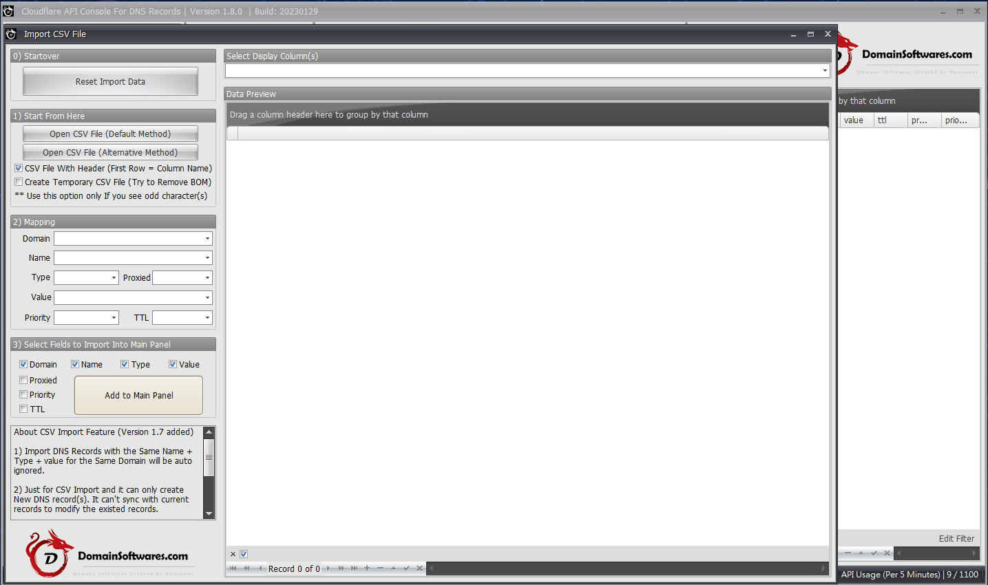 Cloudflare API Console - Import CSV