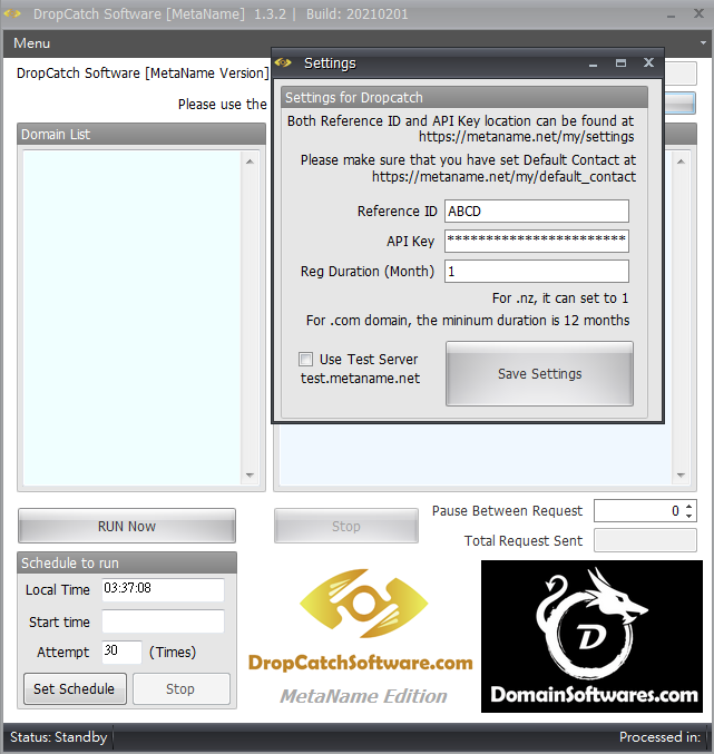 MetaName API Dropcatch Settings