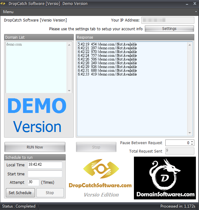 DropCatch Software - Versio API Demo Screenshot