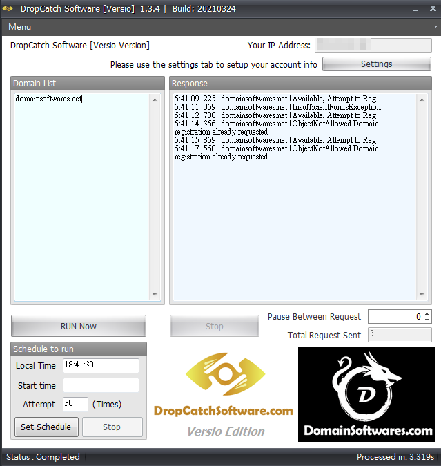 DropCatch Software - Versio API Screenshot