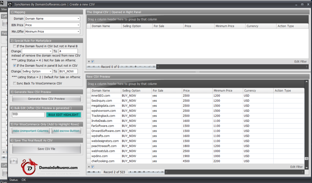 syncnames to create Sedo CSV file